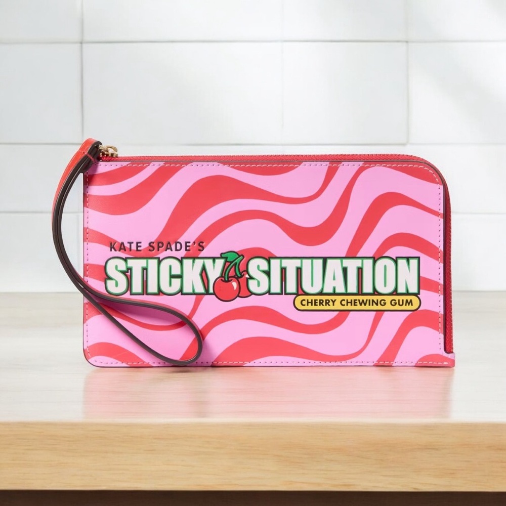 Kate Spade Sticky Situation Red & Pink Smooth Leather Bubble Gum L-Zip Wristlet - Picture 3 of 11
